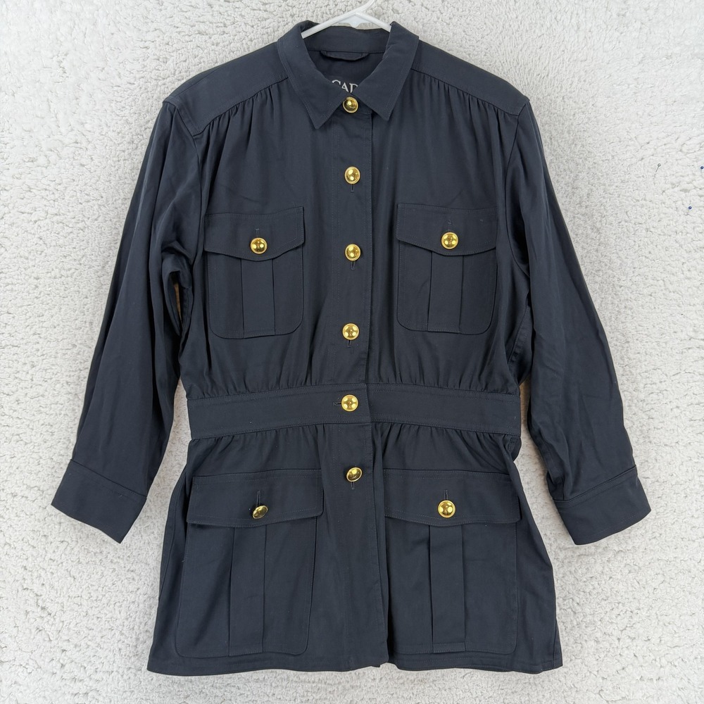 Vintage Escada Jacket Womens 42 Black Military Belted Gold Button Made Germany